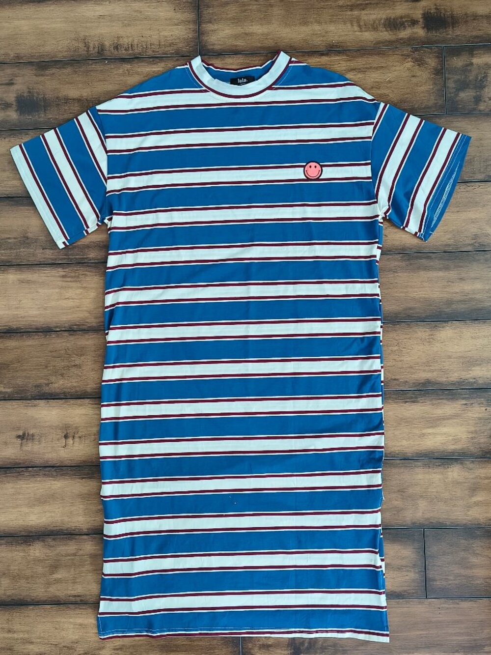 Lala. O/S Blue Striped T-Shirt Dress Smiley Face Casual